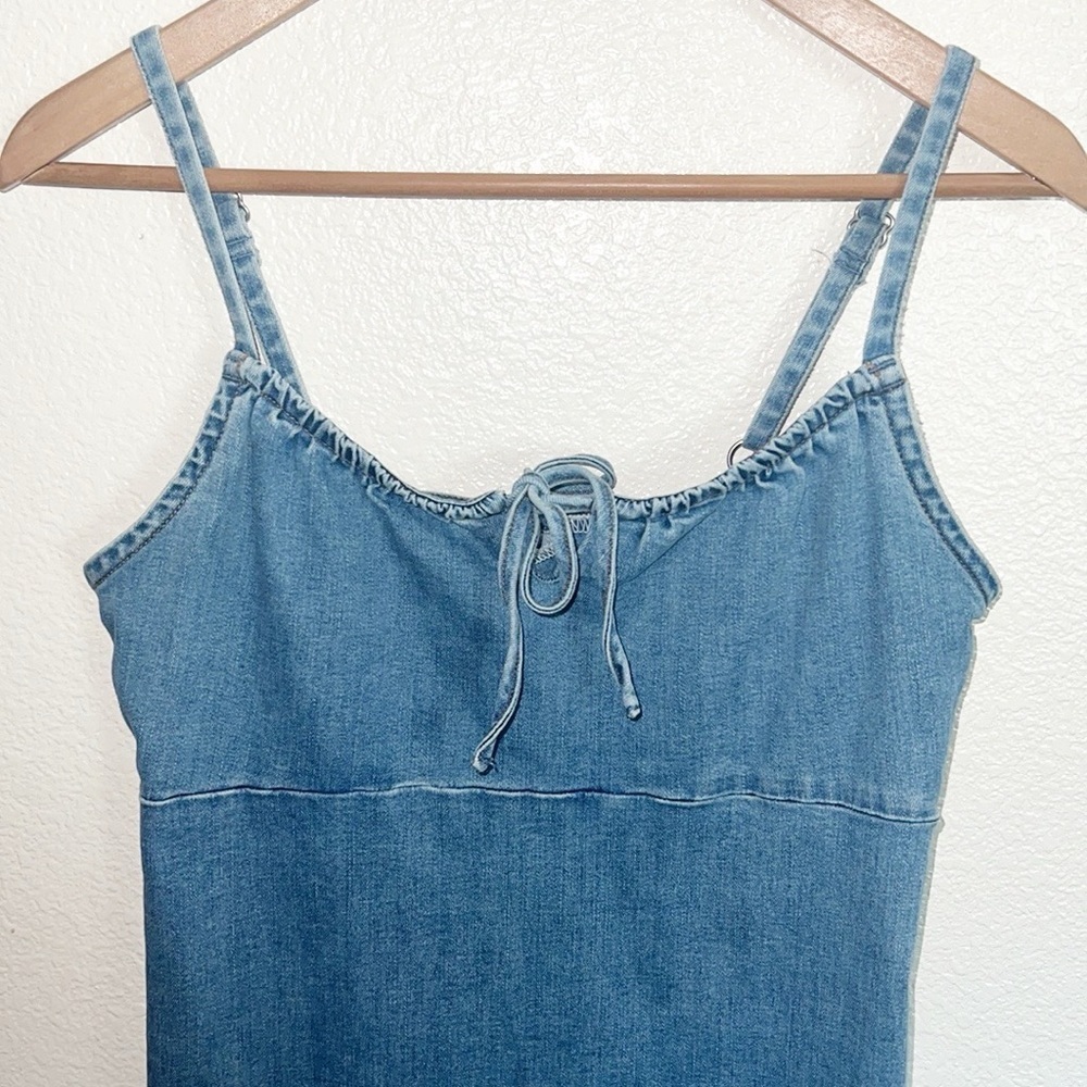 Hollister Chambray Tank Fitted Bodycon Tie Keyhole Front Pull On Mini Dress - Picture 2 of 10